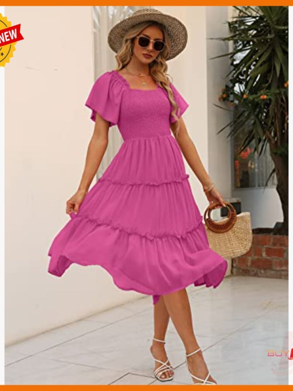 Summer Casual Flutter Sleeve Square Neck Smocked Midi Dress - Picture 4 of 6